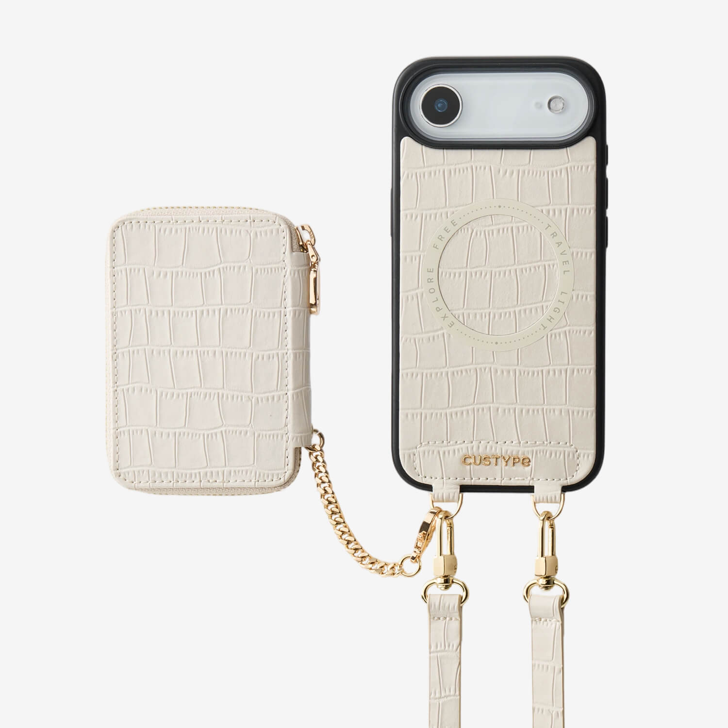 Beige iPhone 17 E phone case with crossbody strap and magsafe wallet and safety chain for everyday use