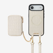 Beige iPhone 17 E phone case with crossbody strap and magsafe wallet and safety chain for everyday use