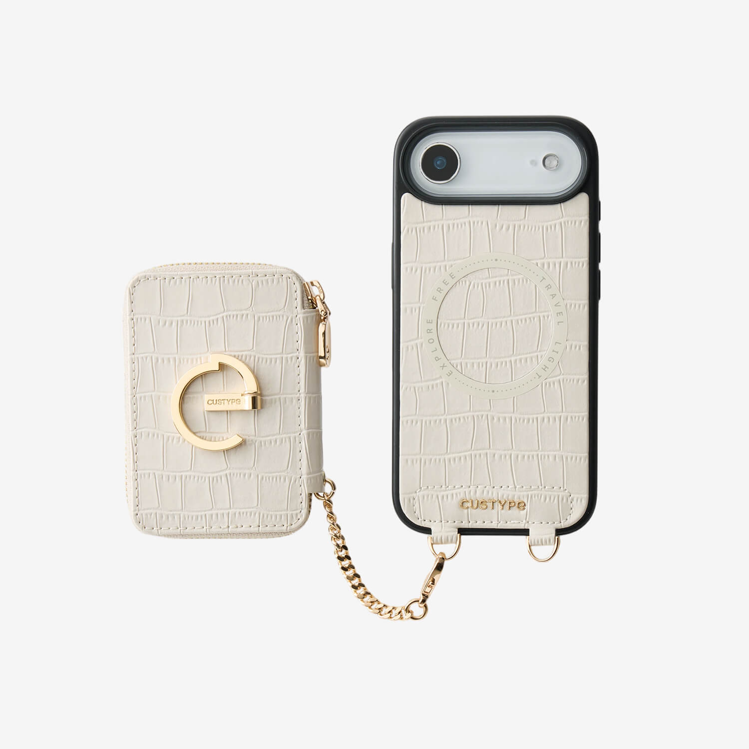 Beige iPhone 17 Air phone case with magnetic wallet and safety chain for shopping