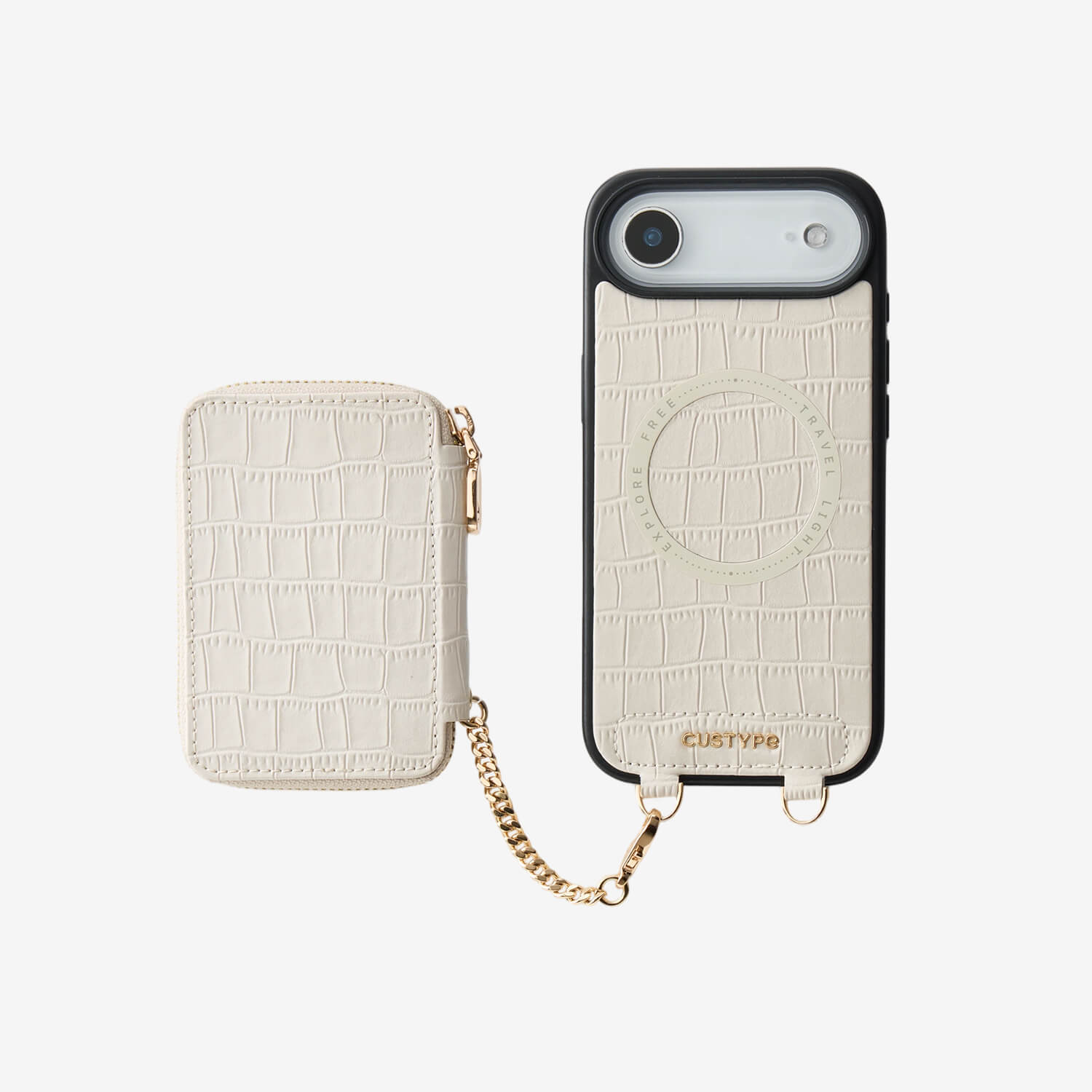 Beige iPhone 17 Air phone case with magnetic wallet and safety chain for everyday use