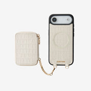 Beige iPhone 17 Air phone case with magnetic wallet and safety chain for everyday use