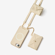 Beige iPhone 17 E crossbody wallet phone case with detachable envelope wallet, AirPods pouch and strap for daily outings