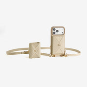 Beige iPhone 18 Pro Max wallet phone case with detachable envelope wallet, AirPods pouch and crossbody strap for travel and daily use