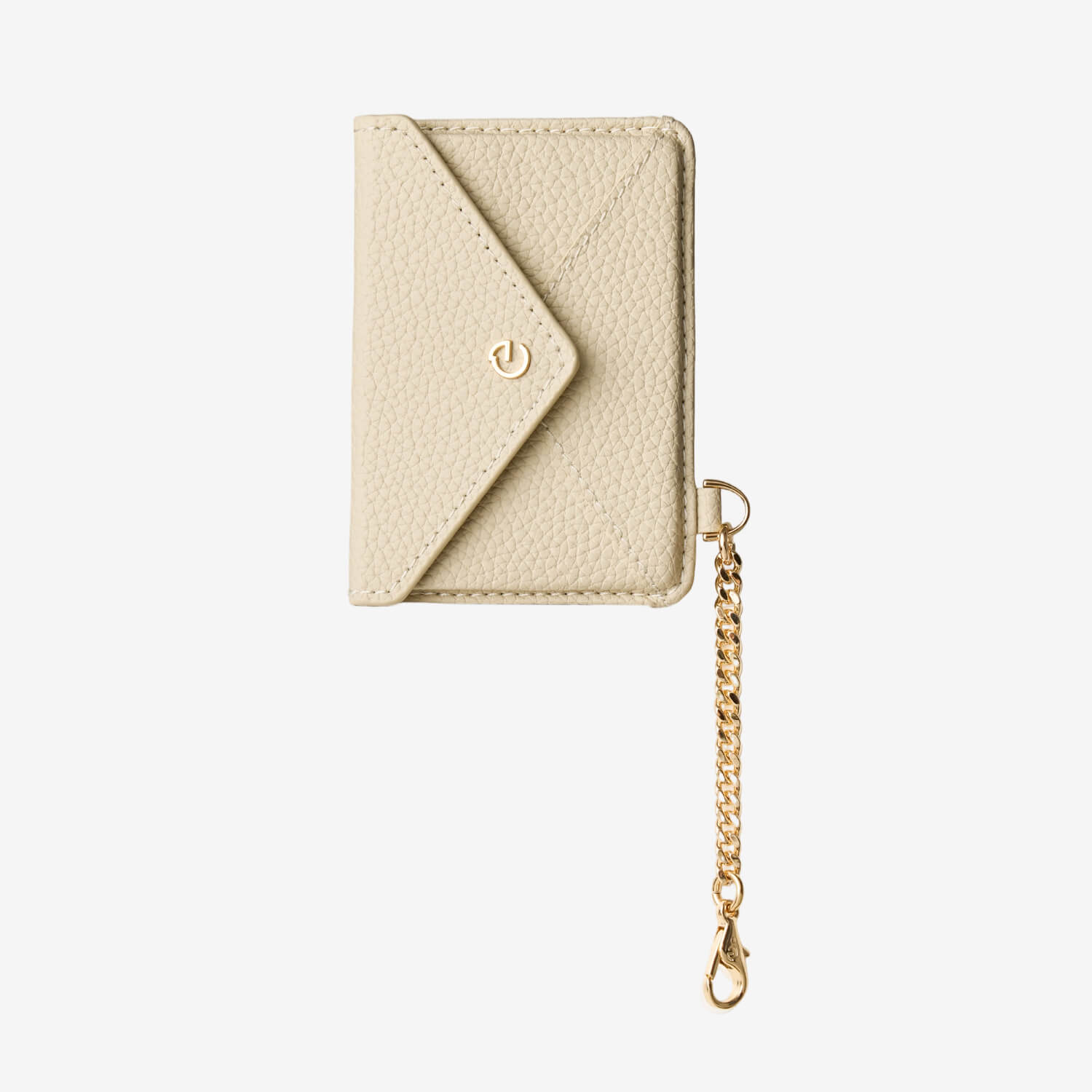 Elegant detachable wallet accessory with beige leather finish and refined chain clip