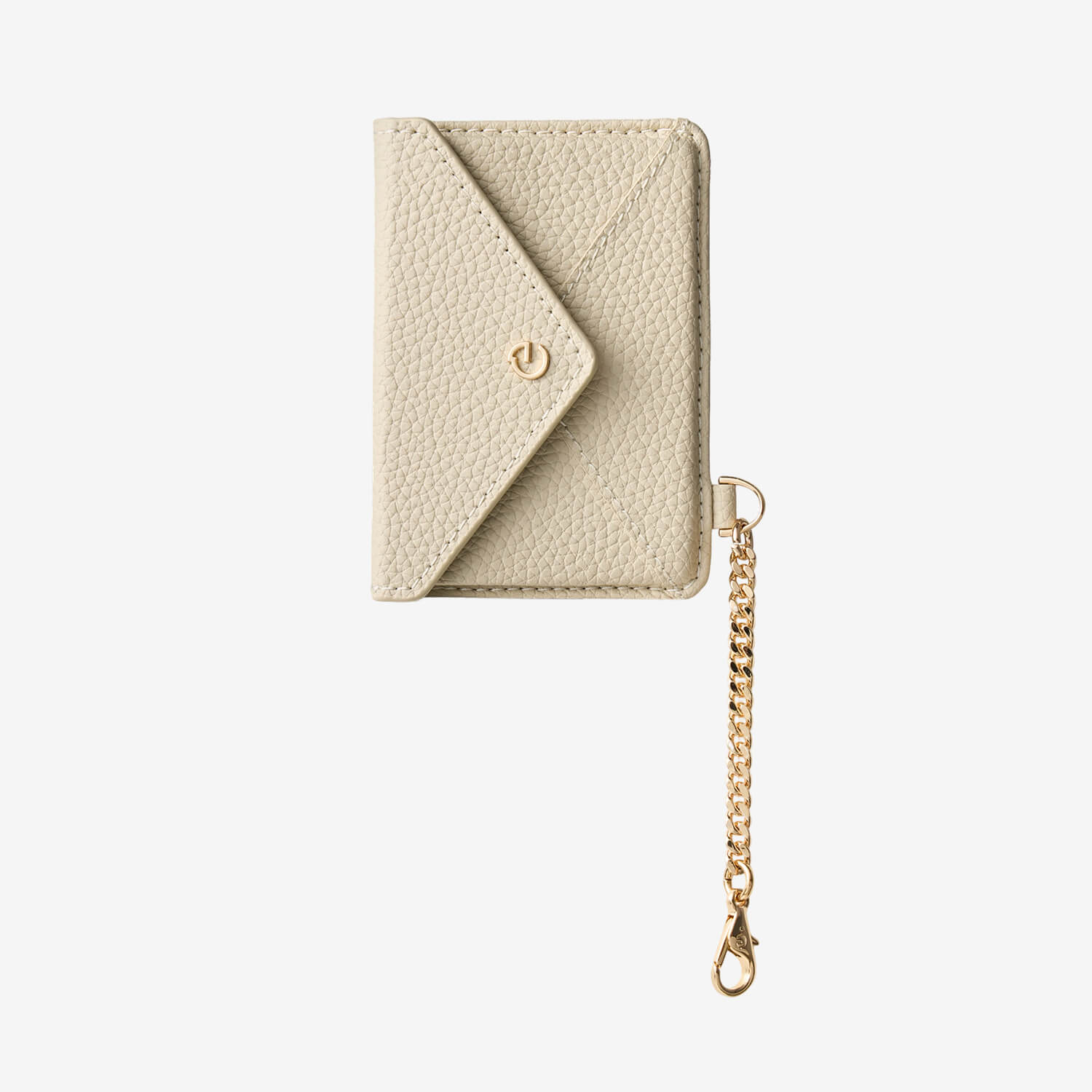 Elegant detachable wallet accessory with beige leather finish and refined chain clip
