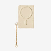 Beige MagSafe magnetic wallet with leather finish and detachable gold-tone chain clip for everyday essentials