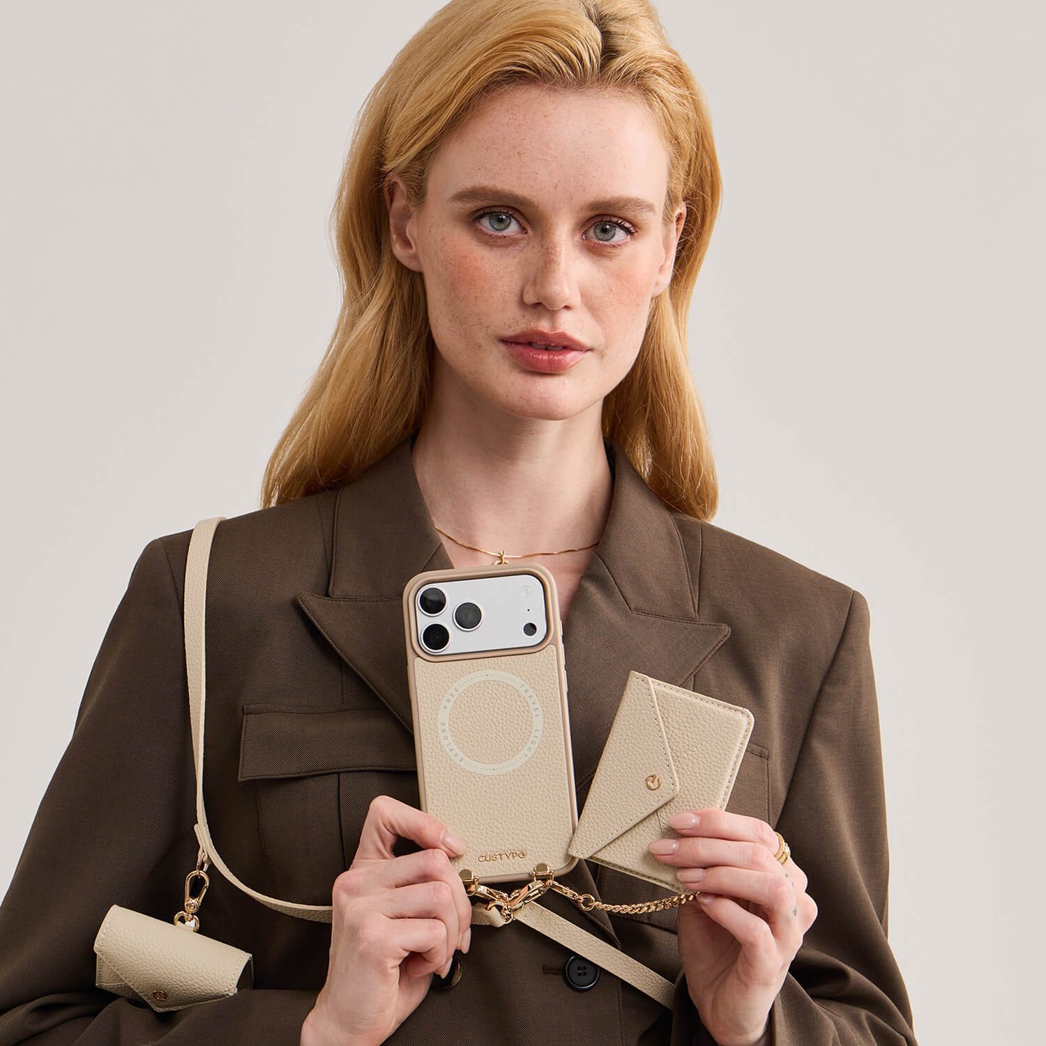 iPhone 18 Pro MagSafe wallet phone case with beige leather envelope design for convenient everyday carrying