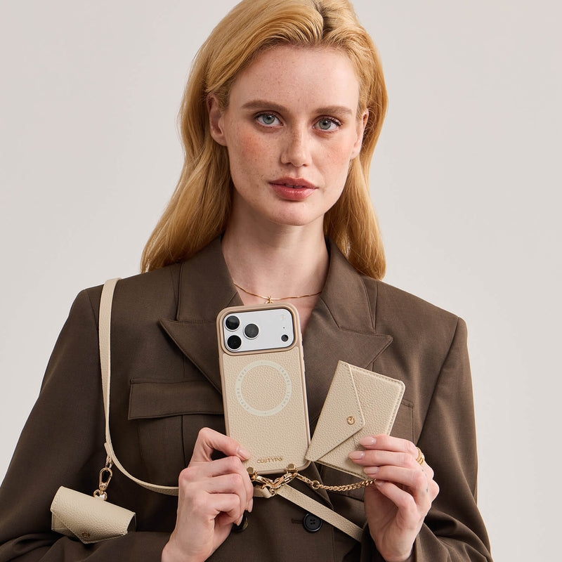 iPhone 18 Pro MagSafe wallet phone case with beige leather envelope design for convenient everyday carrying