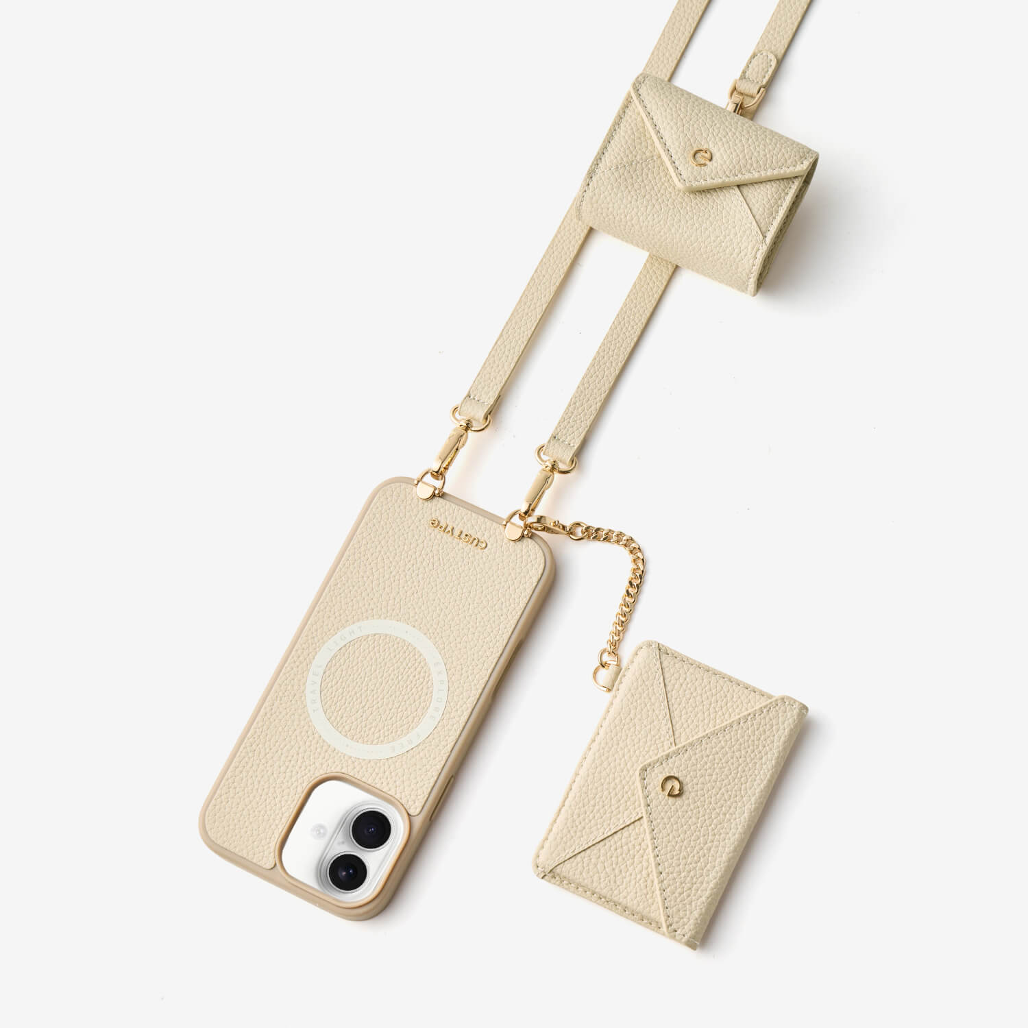 iPhone 16 plus crossbody phone case with envelope wallet, AirPods pouch and hands-free design for daily use