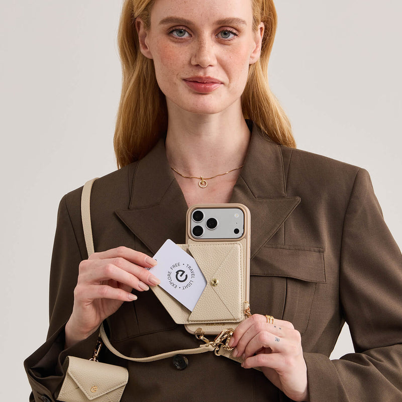Premium beige iPhone 18 Pro wallet phone case with detachable card holder for shopping, commuting and daily outings