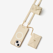 iPhone 15 wallet phone case with beige leather finish, detachable wallet and mini AirPods pouch for commuting and travel