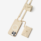 Beige iPhone 16 Pro Max crossbody phone case with detachable envelope wallet, AirPods pouch and strap for travel