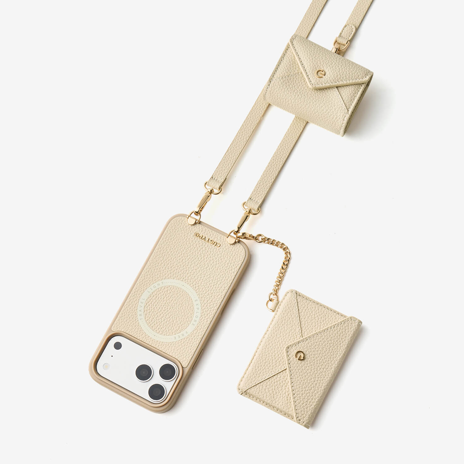 Beige iPhone 18 Pro Max wallet phone case with detachable envelope wallet and mini AirPods pouch for daily carry