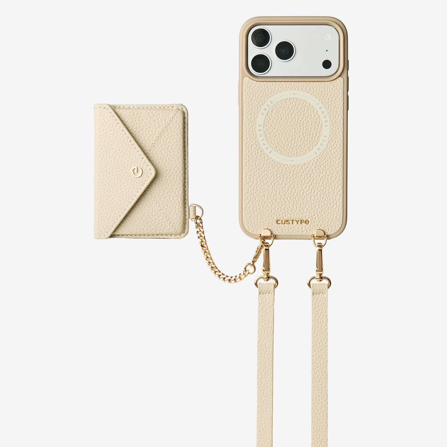 iPhone 18 Pro Max case with beige leather detachable wallet and elegant chain detail for hands-free use
