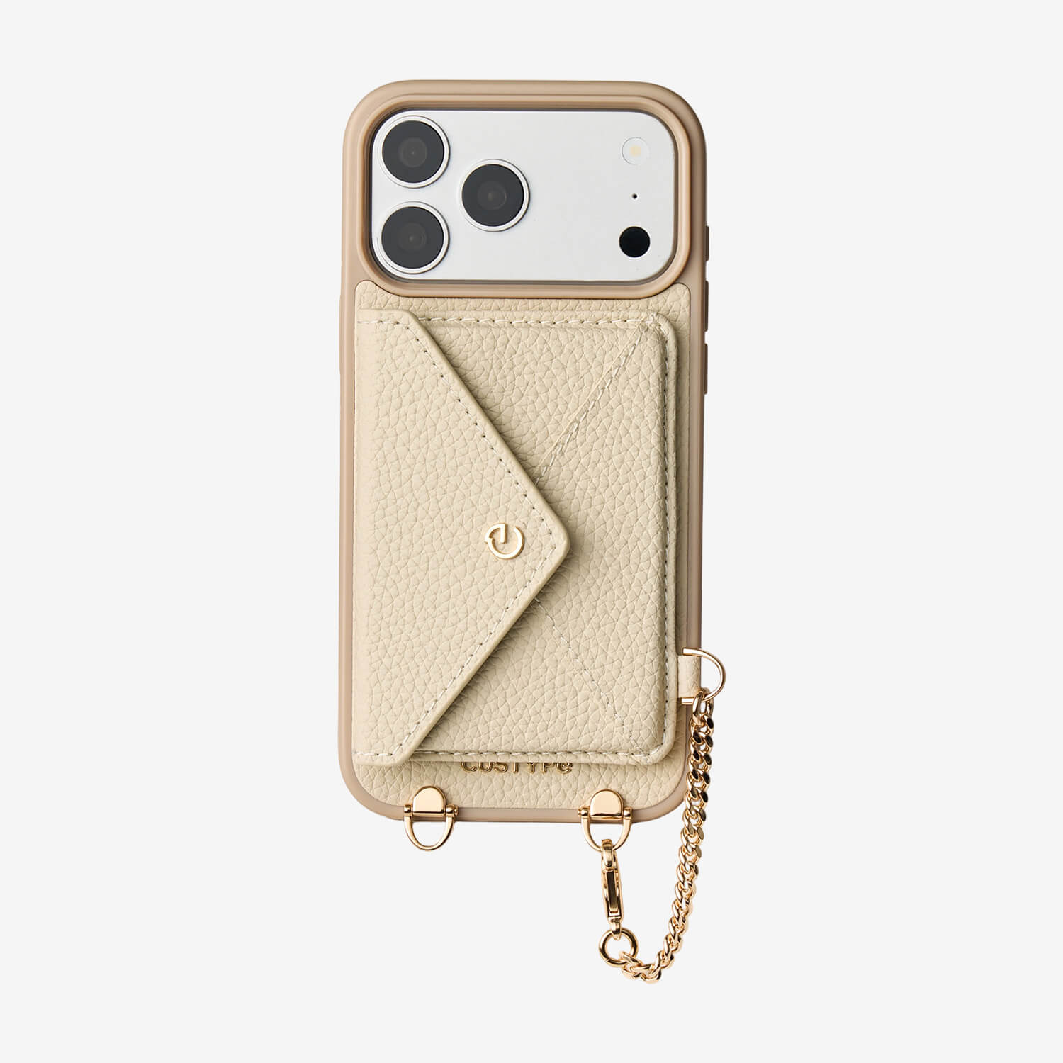 Beige leather iPhone 18 Pro Max wallet case featuring a removable envelope-style wallet design