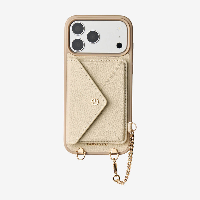 Beige leather iPhone 18 Pro Max wallet case featuring a removable envelope-style wallet design