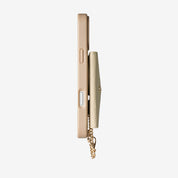 Stylish iPhone 18 Pro case with detachable wallet, premium leather texture and elegant gold hardware