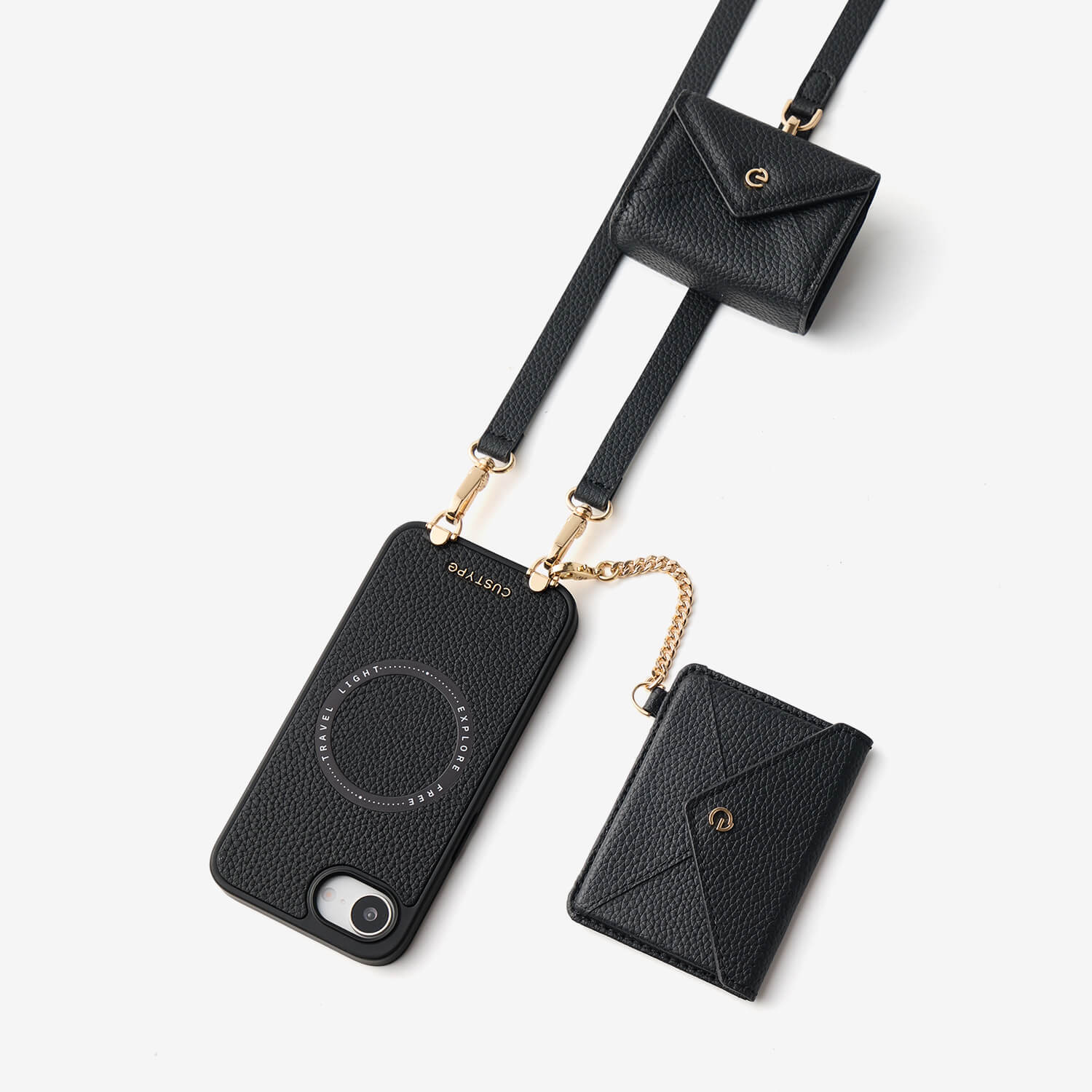 Black leather iPhone 17E crossbody case featuring envelope-inspired wallet and mini pouch for everyday carry