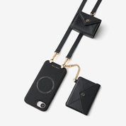 Black leather iPhone 17E crossbody case featuring envelope-inspired wallet and mini pouch for everyday carry
