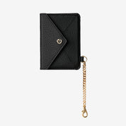Elegant black magnetic card wallet with premium leather material and gold-tone chain detail
