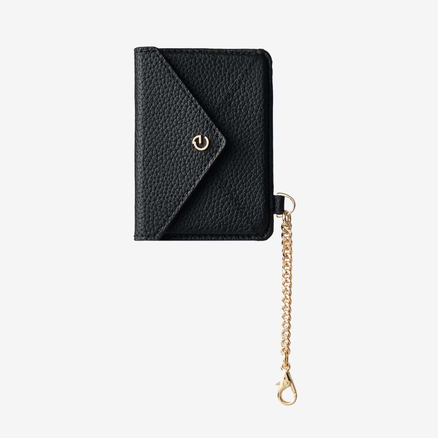 Elegant black magnetic card wallet with premium leather material and gold-tone chain detail