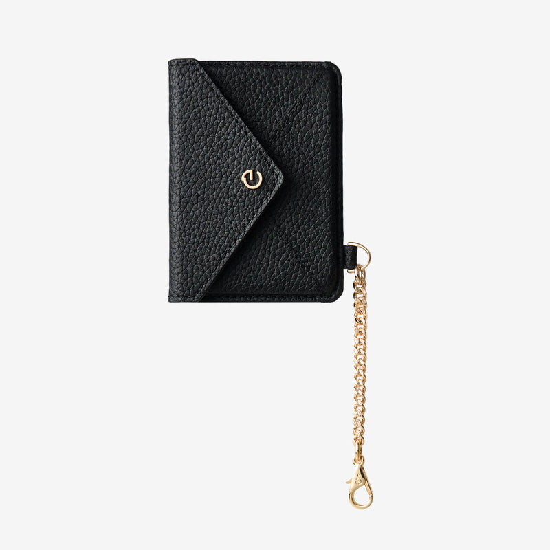 Elegant black magnetic card wallet with premium leather material and gold-tone chain detail