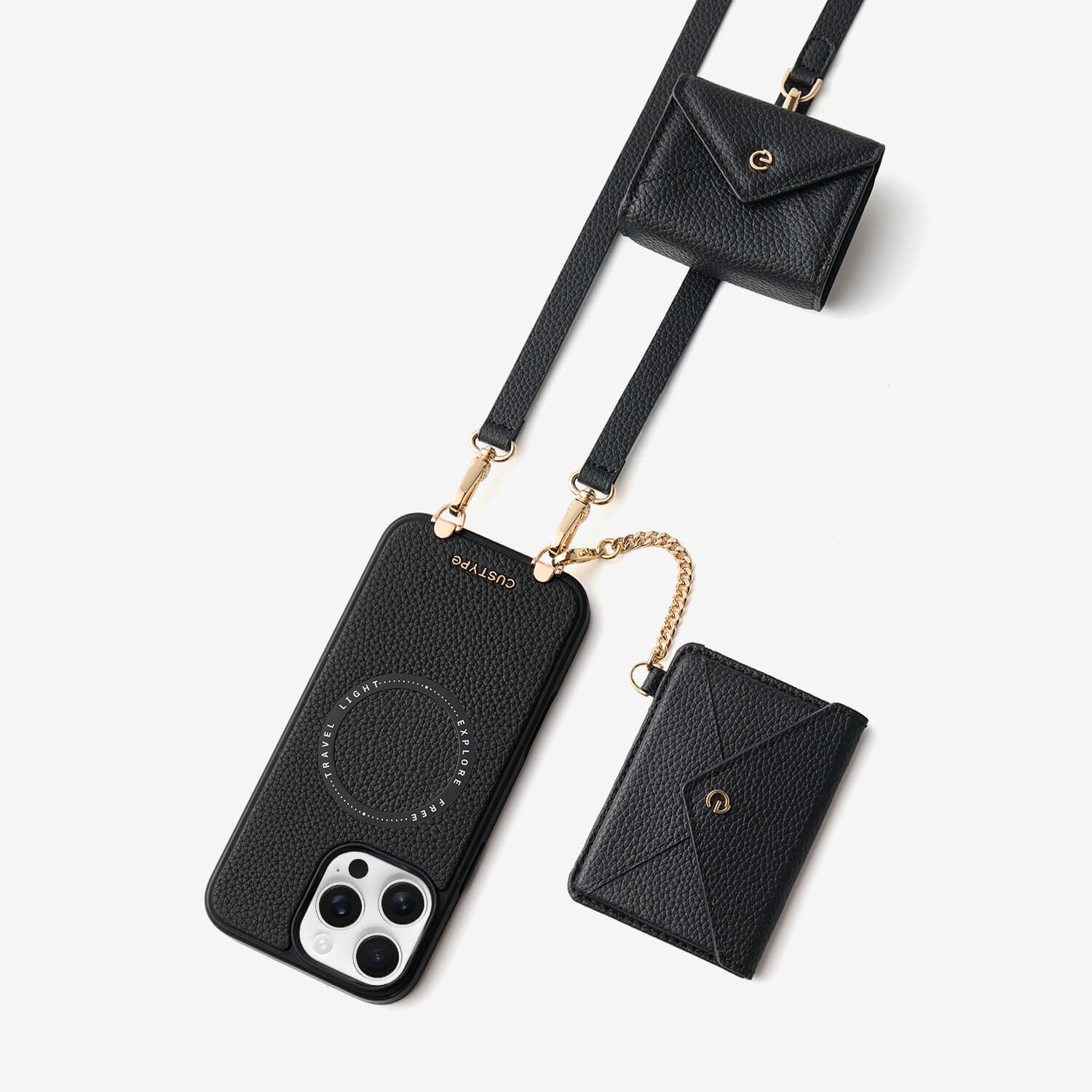 Black iPhone 16 Pro Max case with envelope-inspired wallet and AirPods pouch for daily use