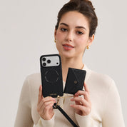 Black iPhone 18 Pro Max magsafe crossbody phone case with detachable magnetic envelope wallet and strap for daily outings