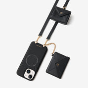 Stylish black iPhone 15 wallet case with detachable envelope card wallet, AirPods pouch and strap for shopping and errands