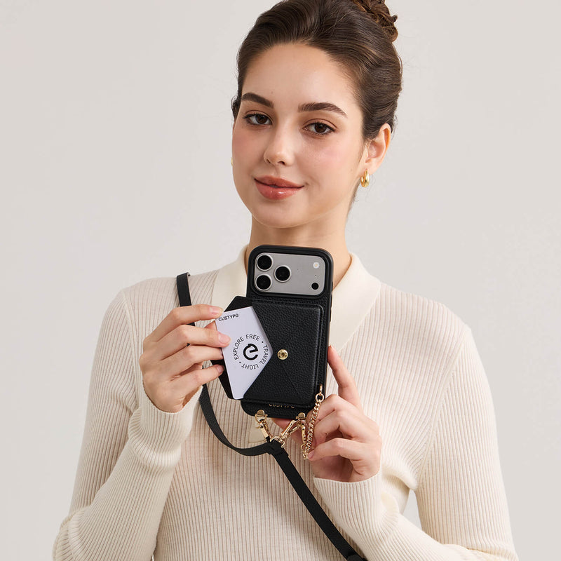 iPhone 17 Pro Max magnetic wallet case with easy-access card storage and crossbody design for hands-free carrying