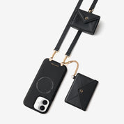 Black iPhone 17 crossbody wallet phone case with envelope-inspired accessories for modern daily outings