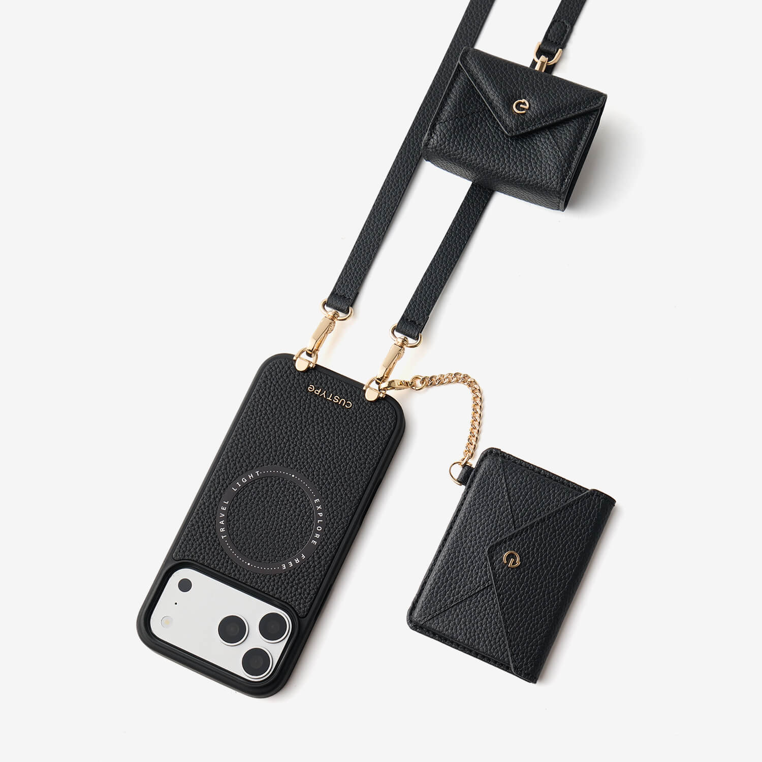 Black iPhone 18 Pro Max case featuring removable envelope wallet and mini storage pouch for daily outings