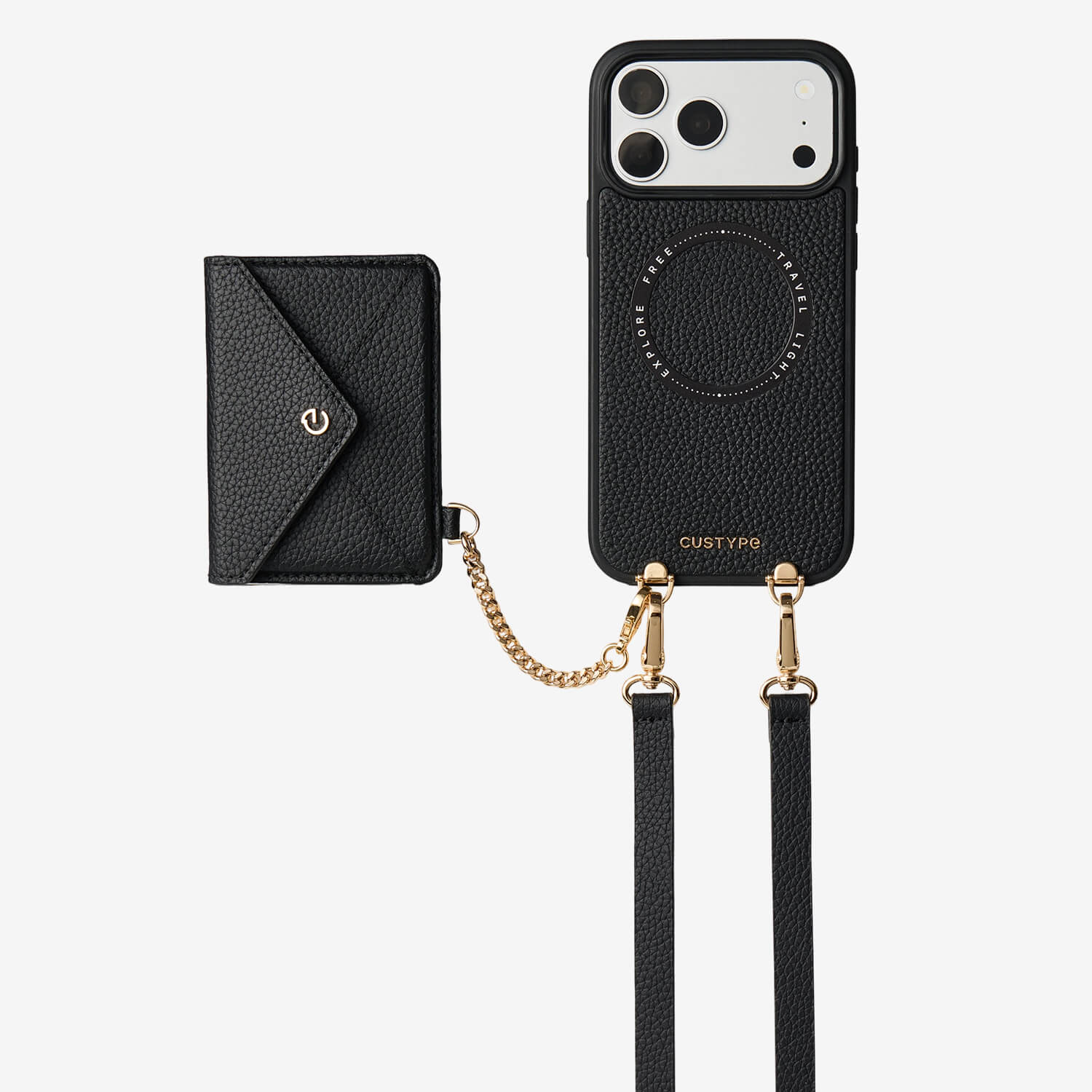 iPhone 18 Pro case with black leather wallet attachment and convenient hands-free carrying style