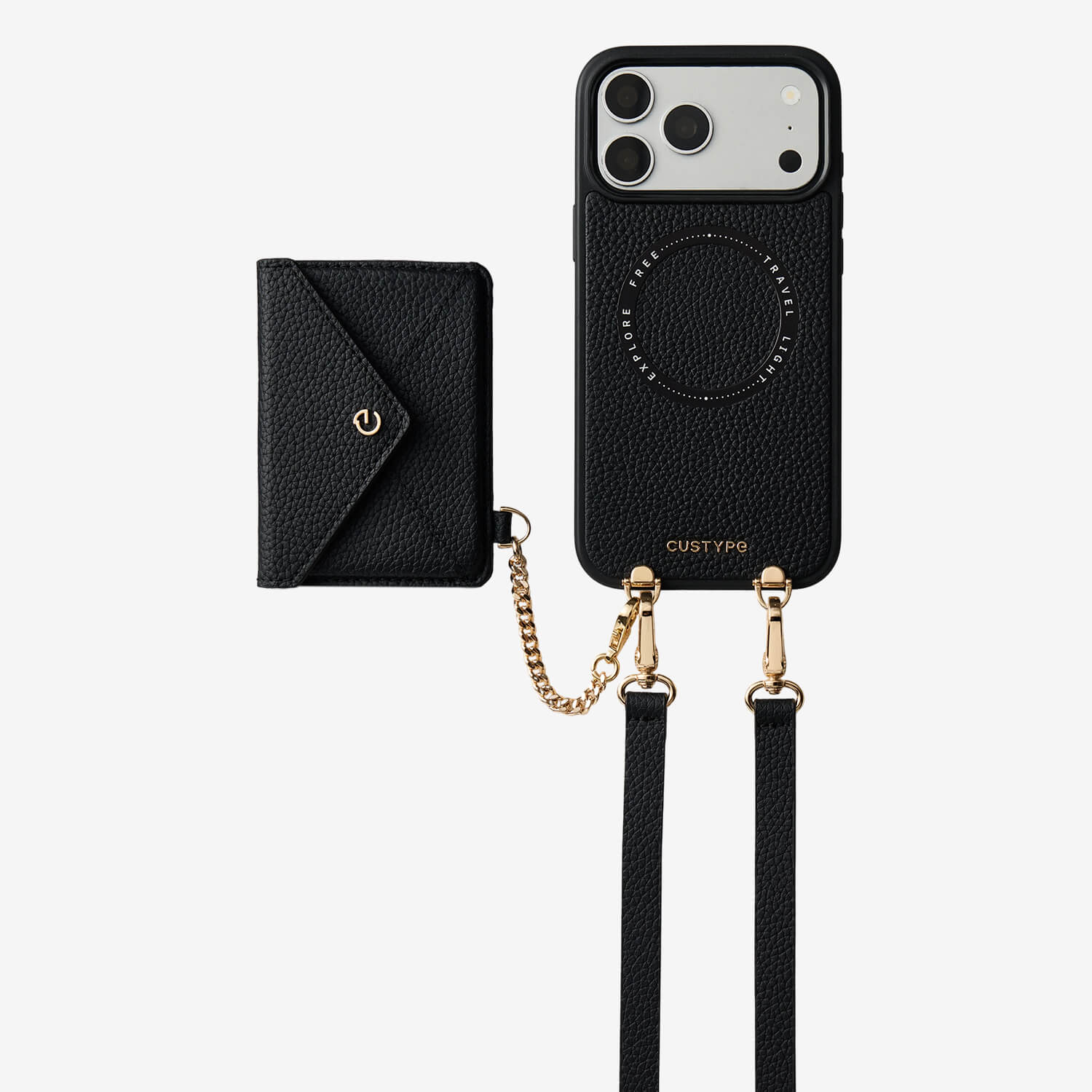 iPhone 18 Pro case with black leather wallet attachment and convenient hands-free carrying style