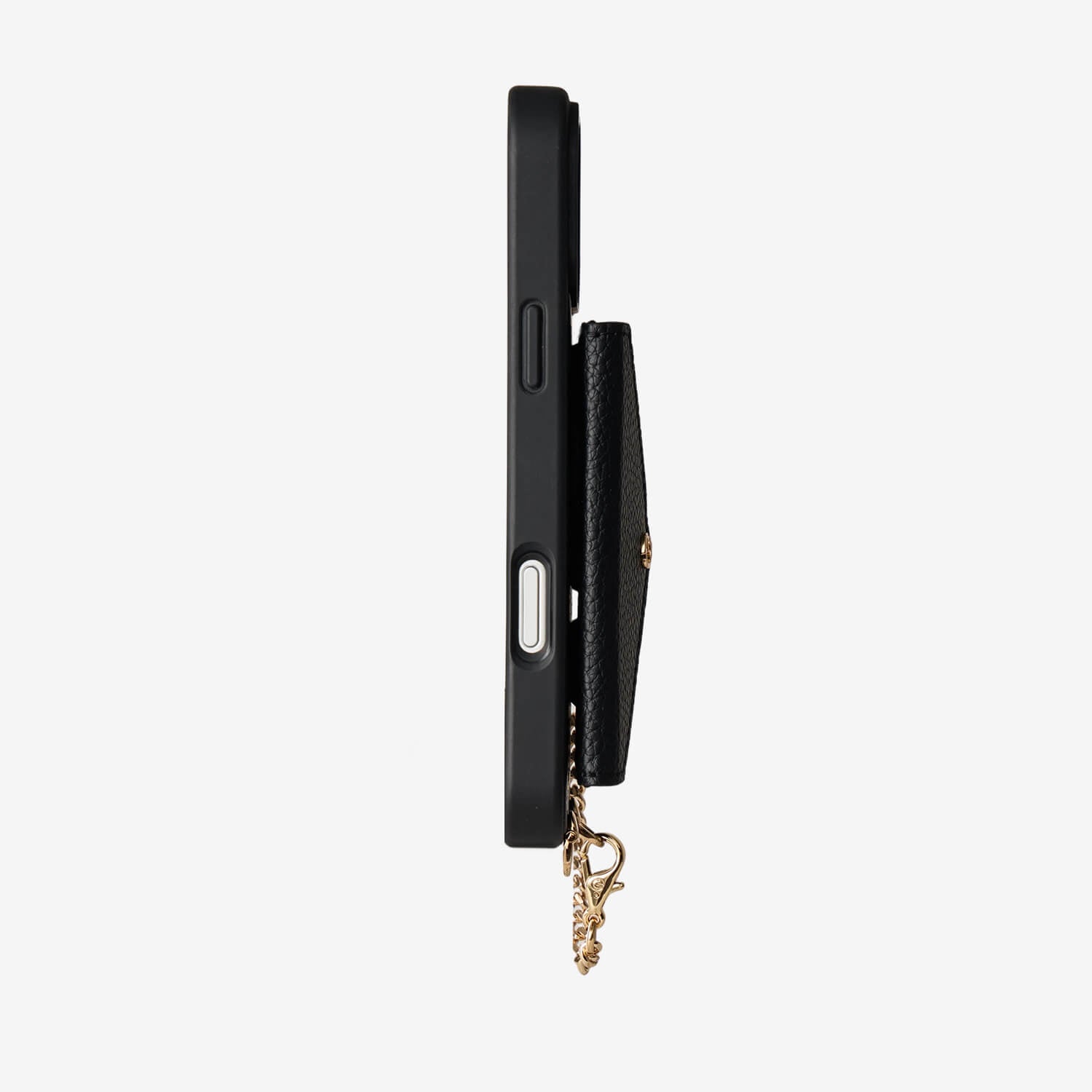 Side profile of iPhone 18 Pro Max wallet case with envelope wallet attachment and gold-tone hardware