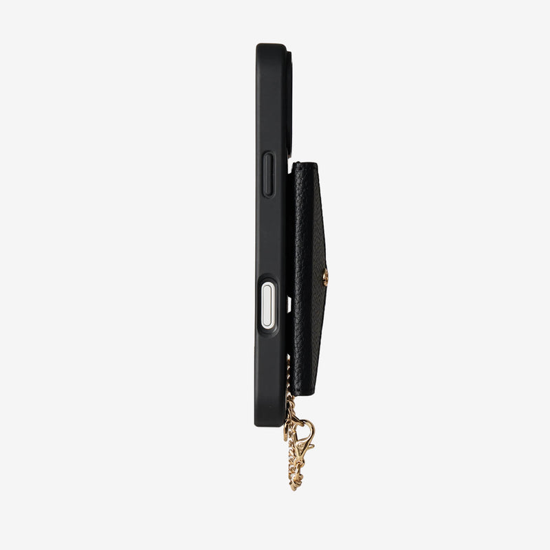 Side profile of iPhone 18 Pro Max wallet case with envelope wallet attachment and gold-tone hardware