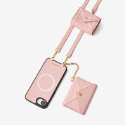 Pink iPhone 17E crossbody wallet phone case with envelope-inspired accessories for daily outings