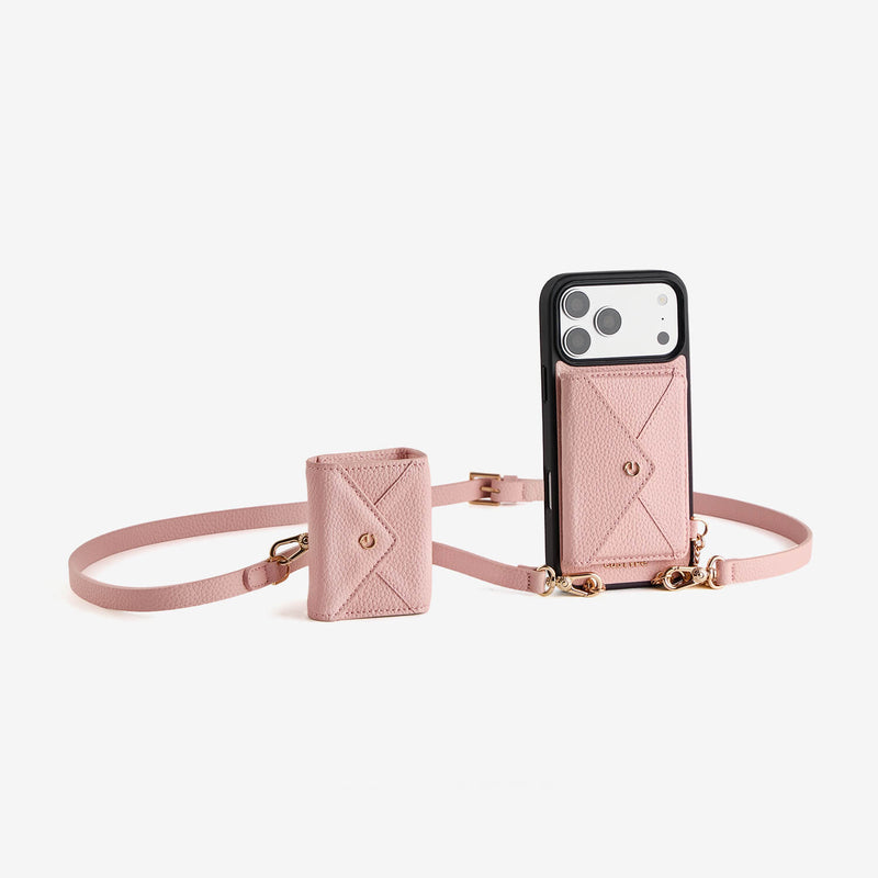 Elegant pink iPhone 18 Pro crossbody phone case with detachable wallet and AirPods storage pouch for travel