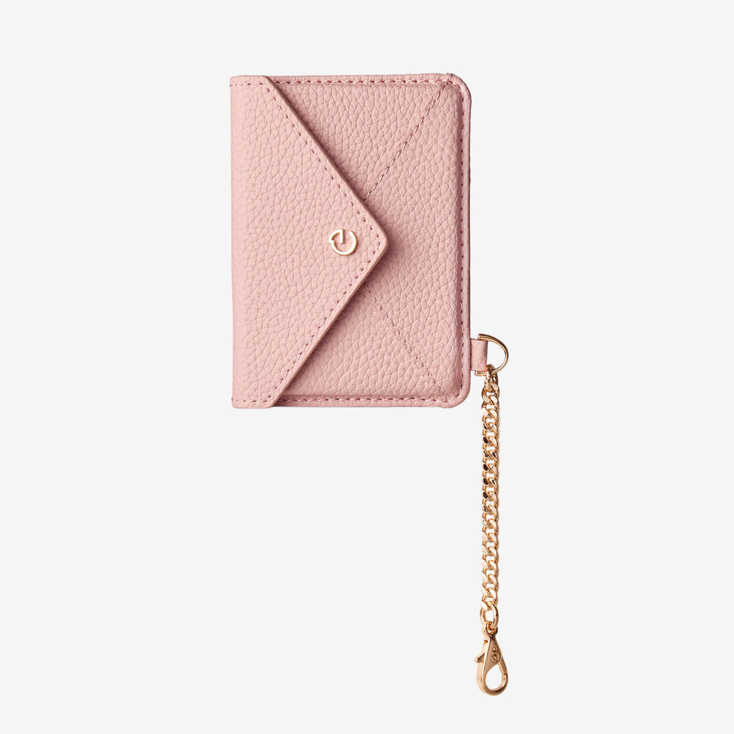 Stylish leather card holder with pink finish and elegant chain detail for everyday use