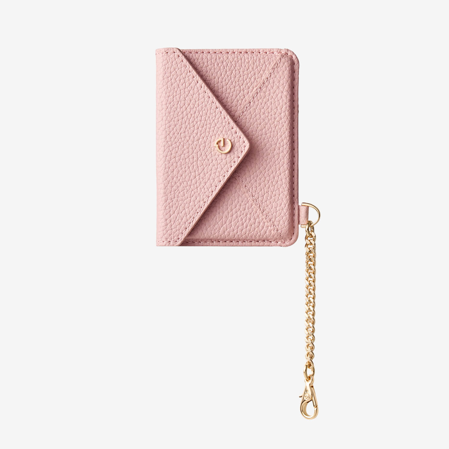 Stylish leather card holder with pink finish and elegant chain detail for everyday use