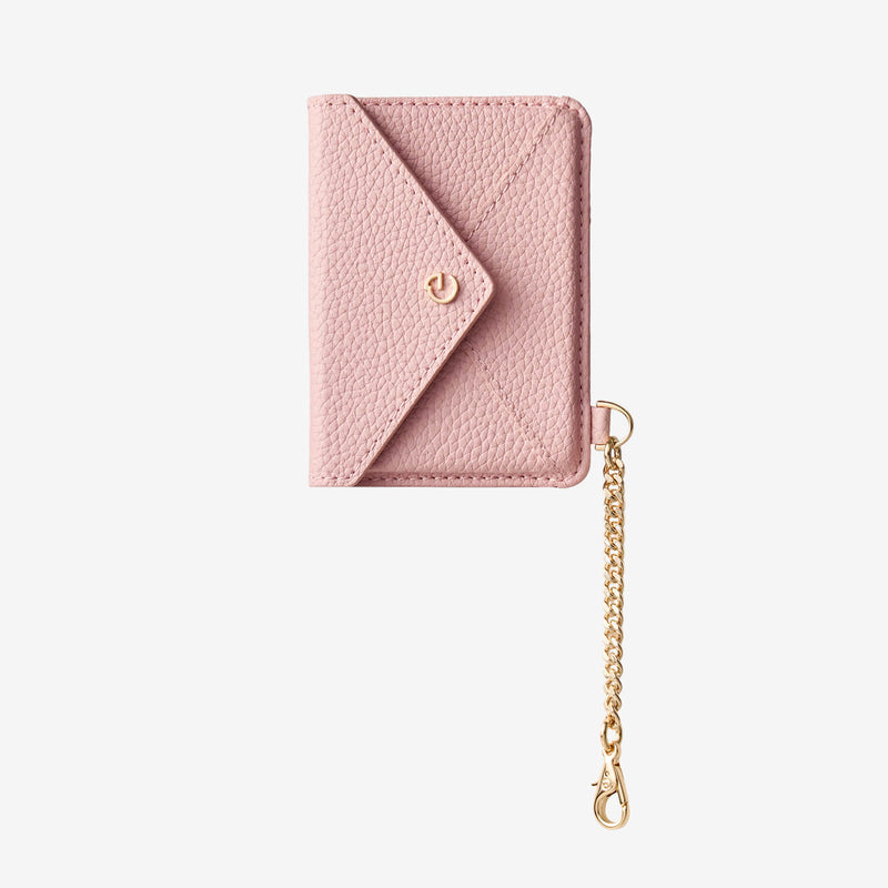 Stylish leather card holder with pink finish and elegant chain detail for everyday use
