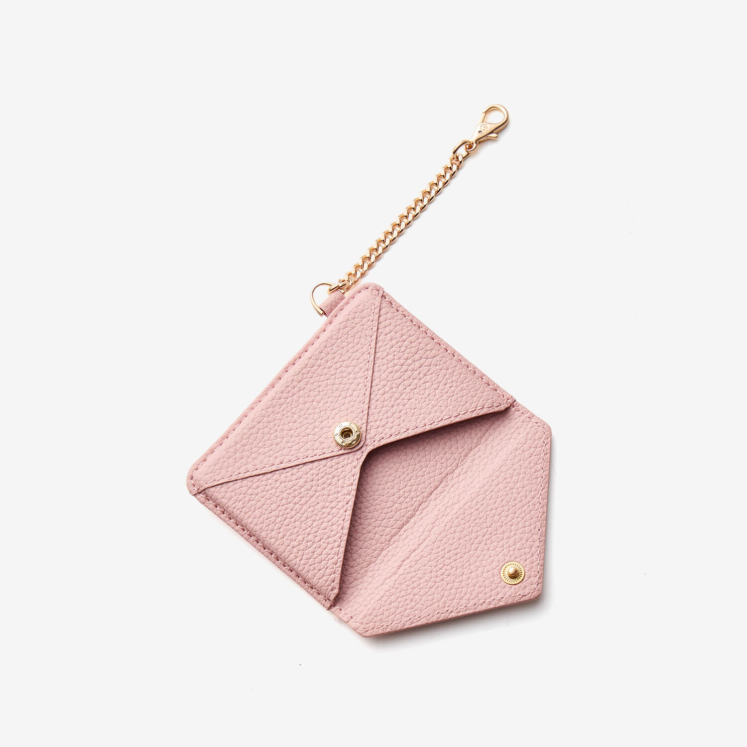 Compact pink wallet accessory featuring leather texture and elegant chain clip for daily carry
