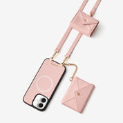 Pink iPhone 17 case with envelope wallet and AirPods pouch for commuting and weekend outings