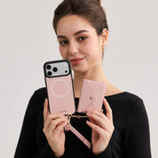Light Pink MagSafe iPhone 18 Pro case with detachable envelope wallet for hands-free carrying