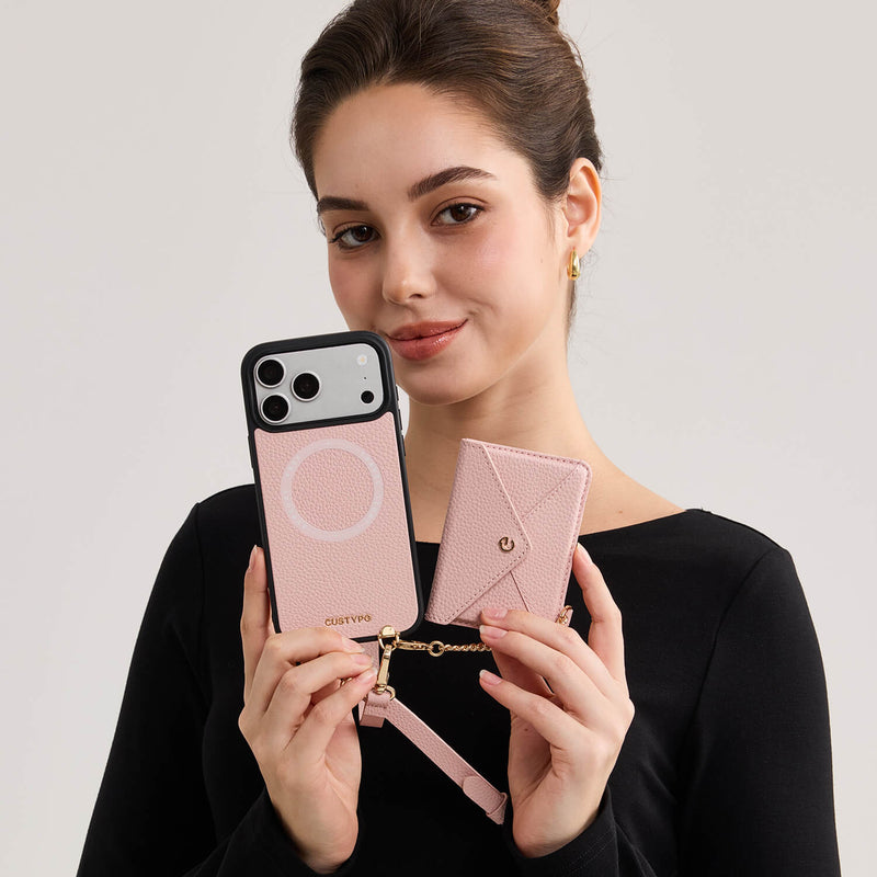 Light Pink MagSafe iPhone 18 Pro case with detachable envelope wallet for hands-free carrying