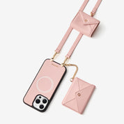 pink iPhone 16 Pro Max wallet phone case featuring detachable envelope wallet and AirPods pouch for organized essentials