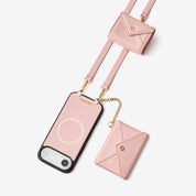 Light Pink leather iPhone 17 Air crossbody case featuring envelope-inspired wallet and mini pouch for everyday carry