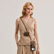 Elegant mocha iPhone 18 Pro MagSafe case with detachable envelope wallet and crossbody strap for travel and daily use
