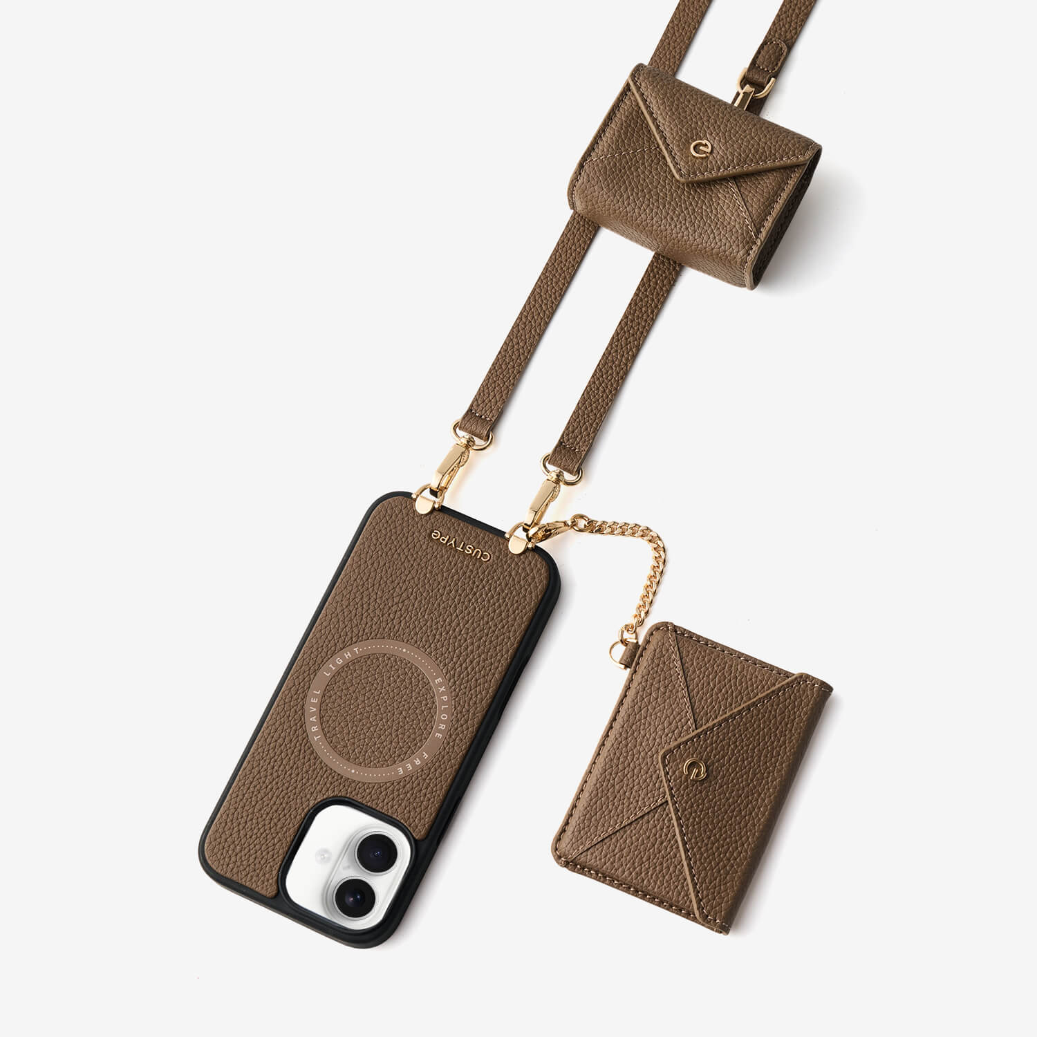 iPhone 17 wallet phone case with envelope-inspired card wallet and AirPods pouch for vacation