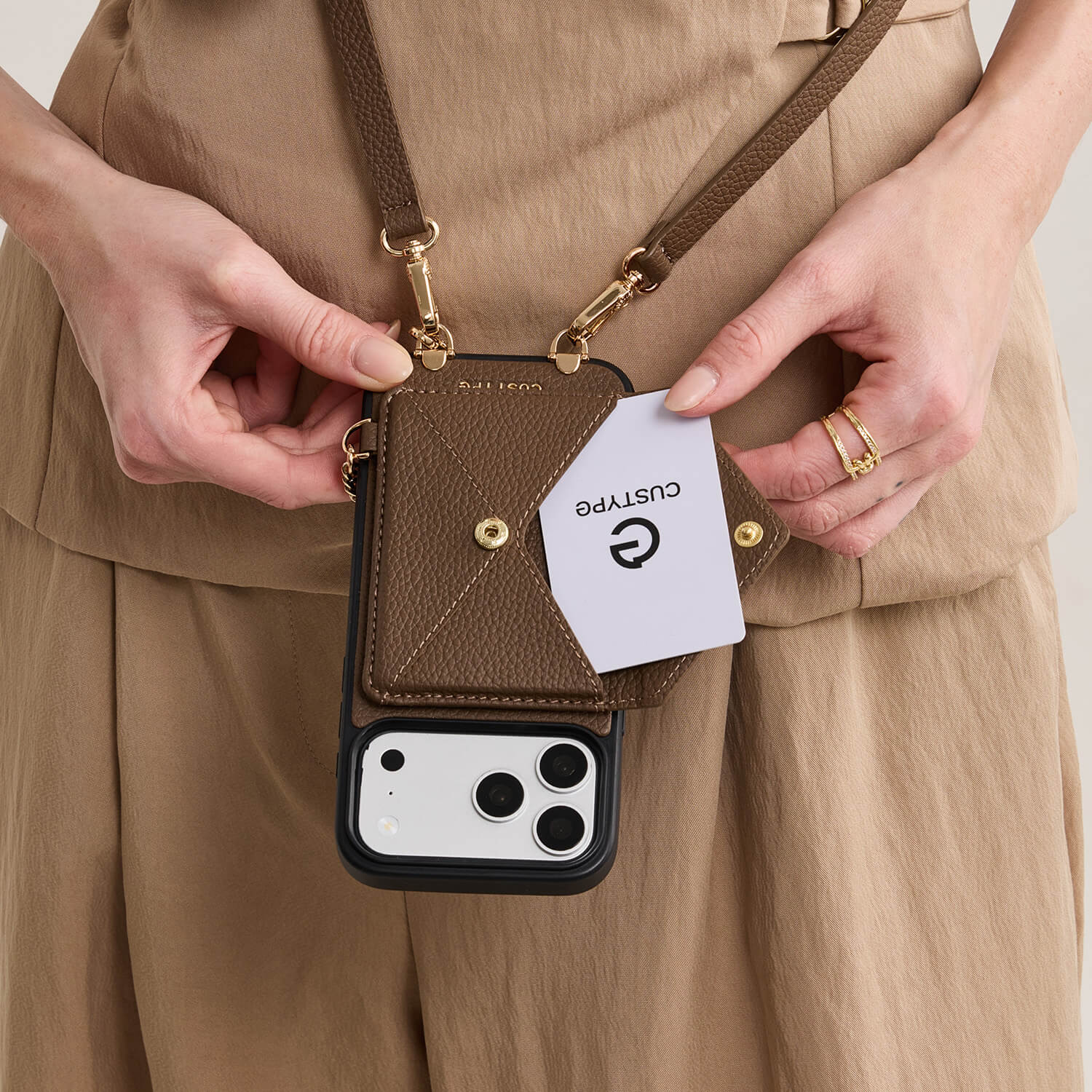 mocha iPhone 17 pro max case with envelope-inspired wallet for carrying cards during commuting and errands